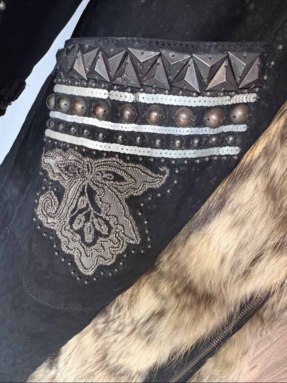 DOUBLE D RANCH Leather Raccoon Fur Trim Festival Boho Penny Lane Trench Jacket - Picture 4 of 10
